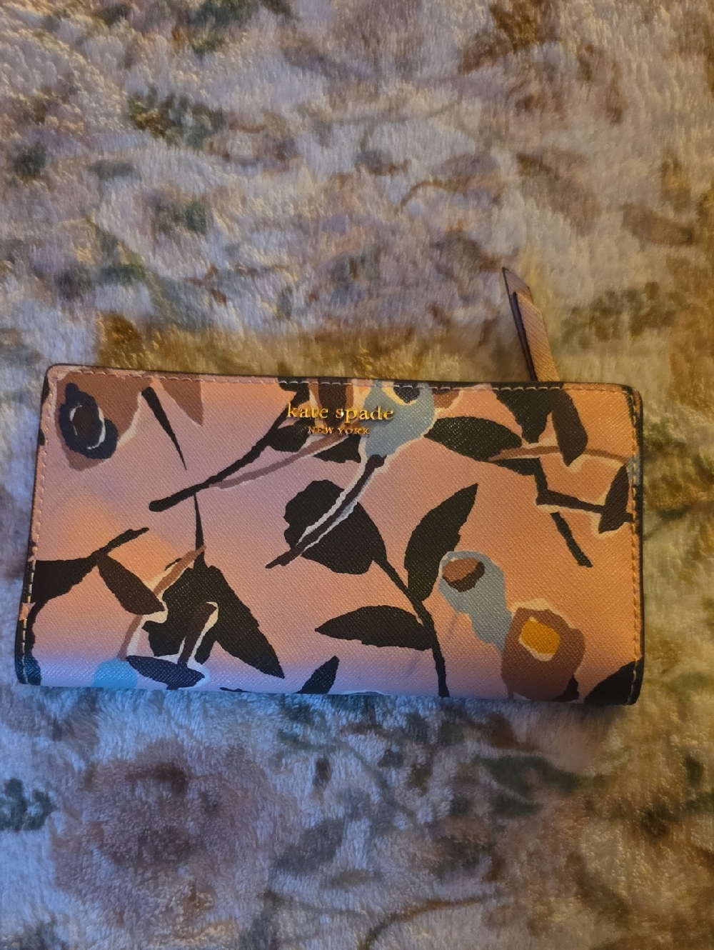 kate spade Pink Floral Zip Wallet with Black Leaf Silhouettes